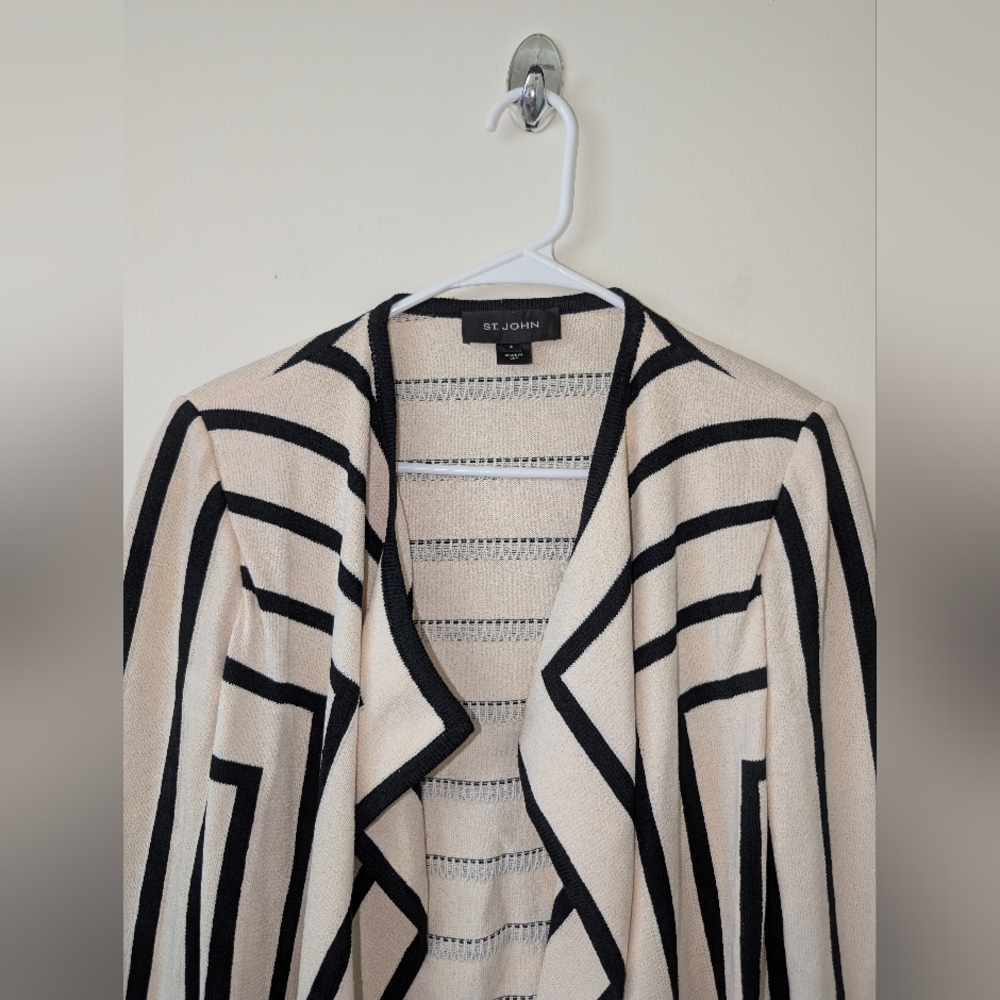 St. John Womens Petite Black White Striped Open Cardigan Wool Blend Classic - Picture 3 of 8